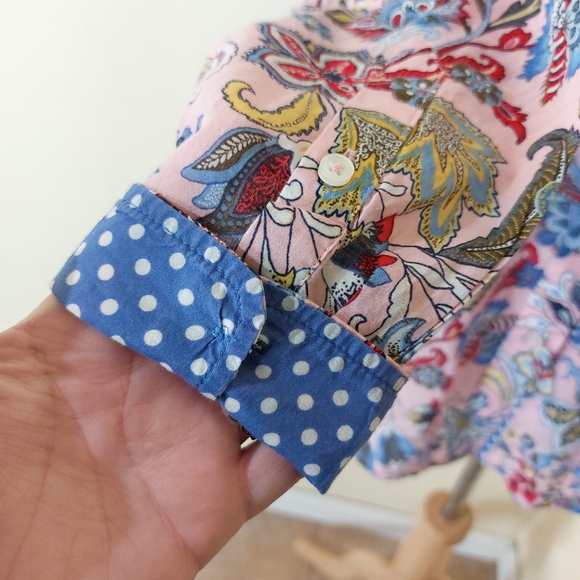 Tabots Petite Pink Colorful Paisley Floral Print Button Down Polka Dot Shirt - Picture 4 of 15